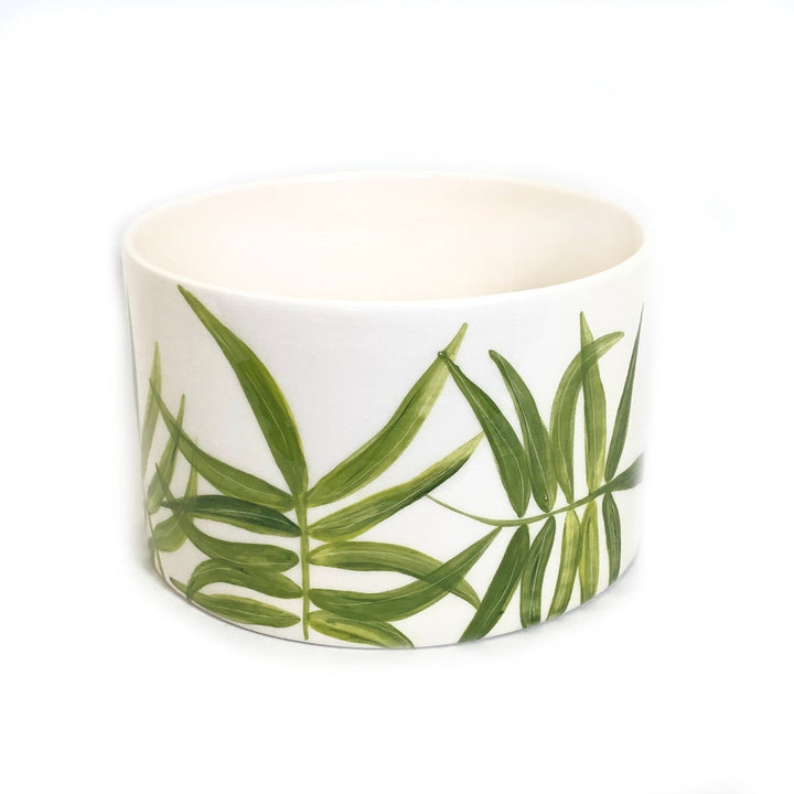 Green leaf print cylinder serving bowl with white interior