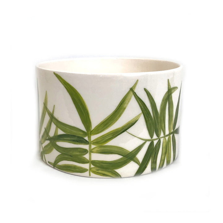 Green leaf print cylinder serving bowl, side view