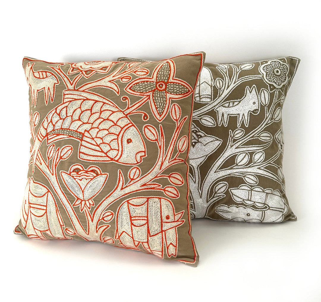 Beige, White + Orange Fish Hand Embroidered Pillow Cover
