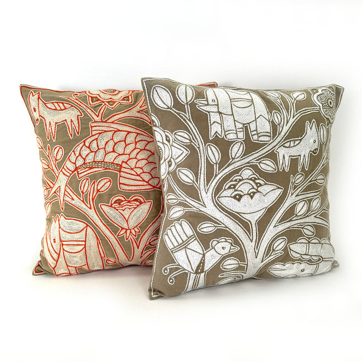 Beige and White Hand Embroidered Pillow Cover
