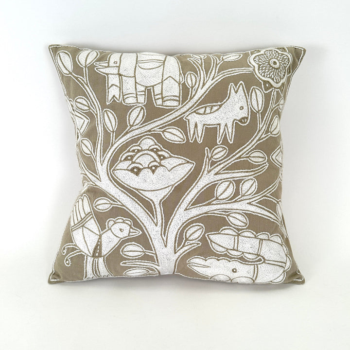 Beige and White Hand Embroidered Pillow Cover