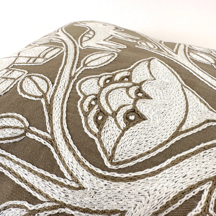 Beige and White Hand Embroidered Pillow Cover