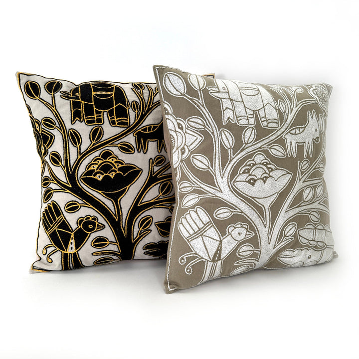 Ivory, Black + Gold Hand Embroidered Pillow Cover