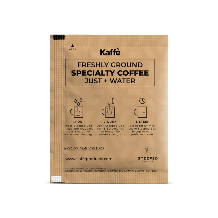 Single-serve coffee steeped bag back with brewing instructions and step icons.