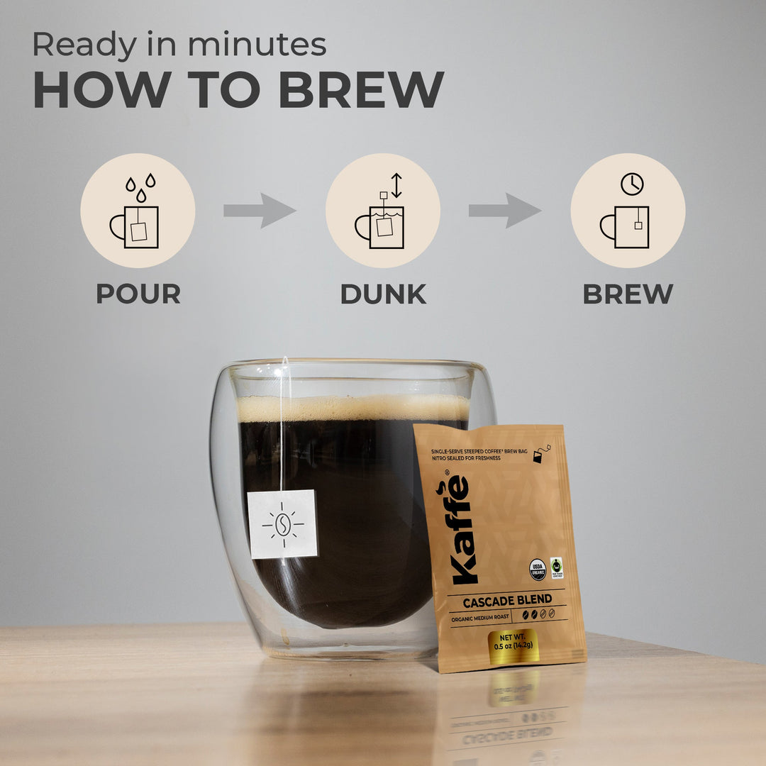 Single-serve coffee steeped bag and glass mug of dark coffee with brew-step icons.