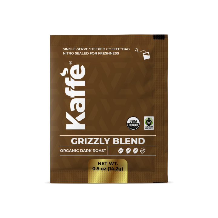 Grizzly Blend dark roast coffee steeped bag pouch, single-serve sealed pack