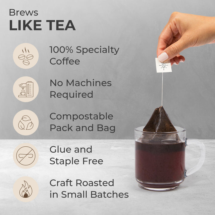 Hand holding Grizzly Blend steeped bag over mug of dark coffee