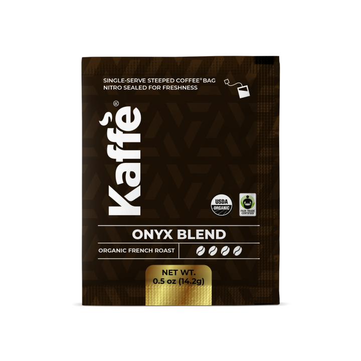 Single-serve Onyx Blend coffee steeped bag, organic French roast, 0.5 oz