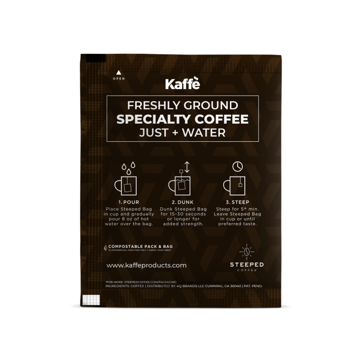 Coffee steeped bag pack with just-water brewing steps and compostable design