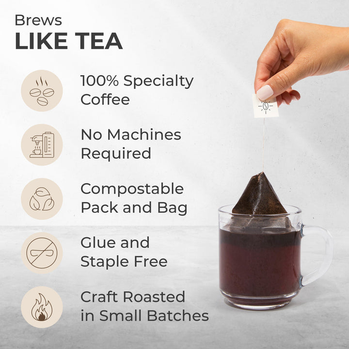 Coffee steeped bag with brewed cup; compostable pack, no machines required
