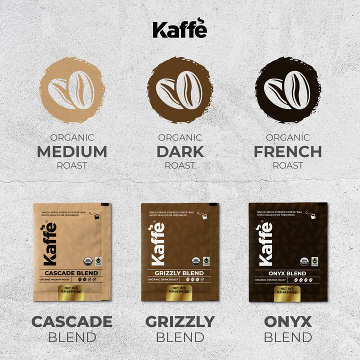 Organic coffee steeped bags assortment: medium, dark, and French roast Onyx blend