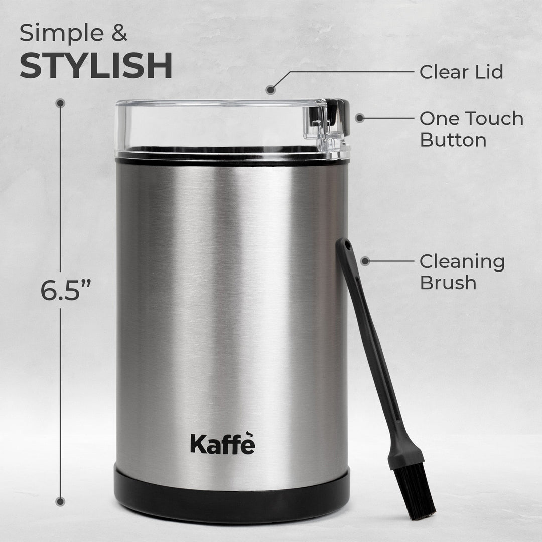 Stainless steel electric coffee grinder with clear lid, one-touch button, brush
