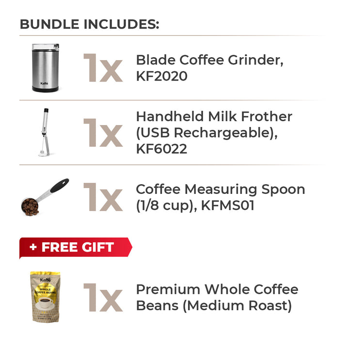 Bundle includes blade coffee grinder, handheld milk frother, measuring spoon, whole beans