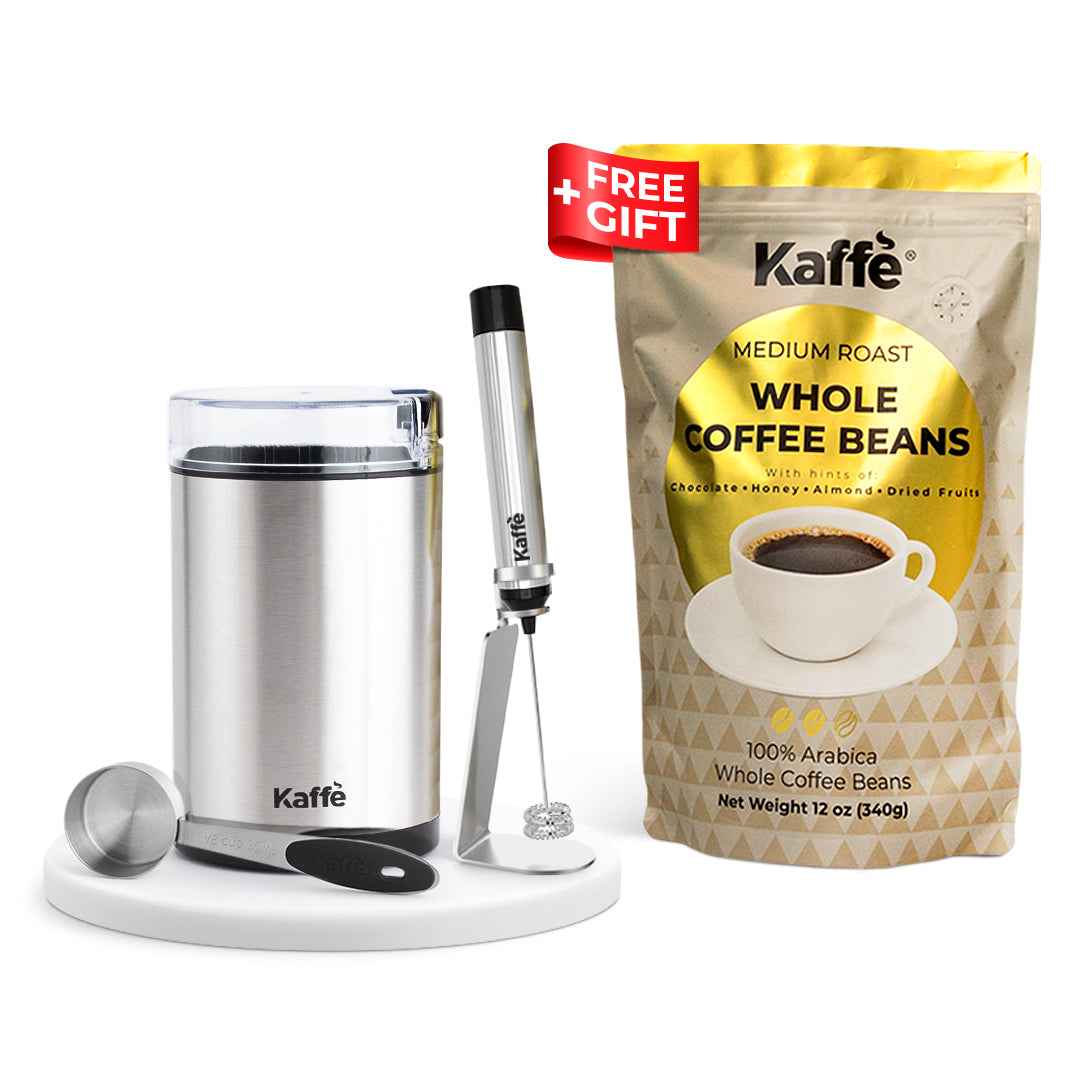 Coffee grinder with milk frother and bag of medium roast whole coffee beans