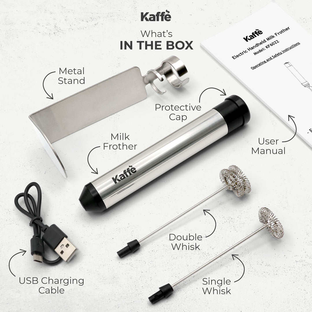Coffee milk frother accessories kit: metal stand, protective cap, whiskes, USB cable