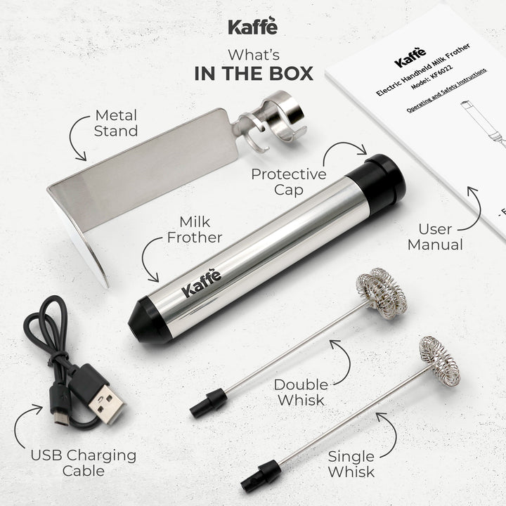 Coffee milk frother accessories kit: metal stand, protective cap, whiskes, USB cable