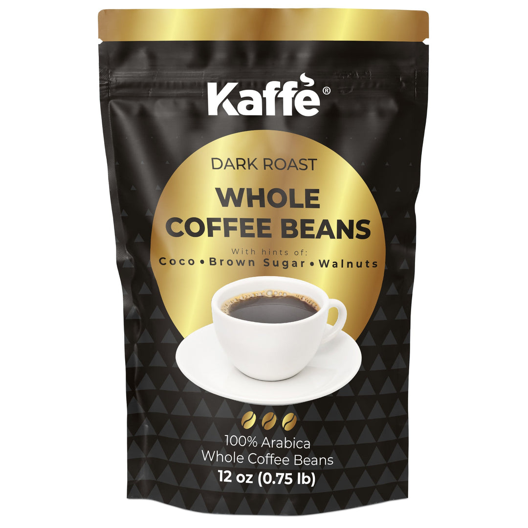 Dark roast whole coffee beans pouch with Kaffe logo and cup graphic