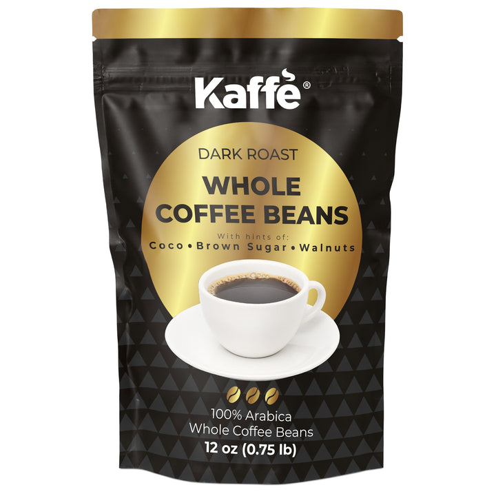 Dark roast whole coffee beans pouch with Kaffe logo and cup graphic