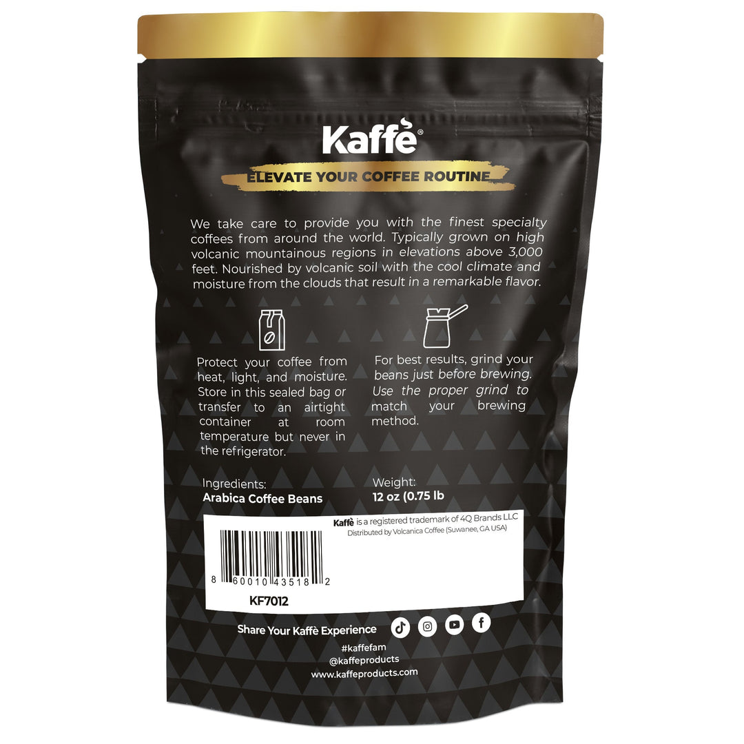 Back of Kaffe dark roast whole coffee beans pouch with ingredients and weight info