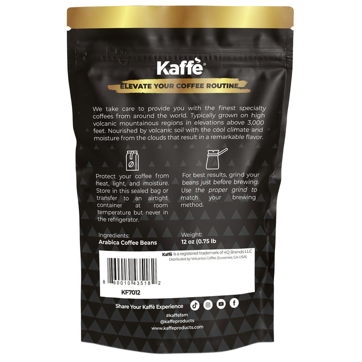 Back of Kaffe dark roast whole coffee beans pouch with ingredients and weight info
