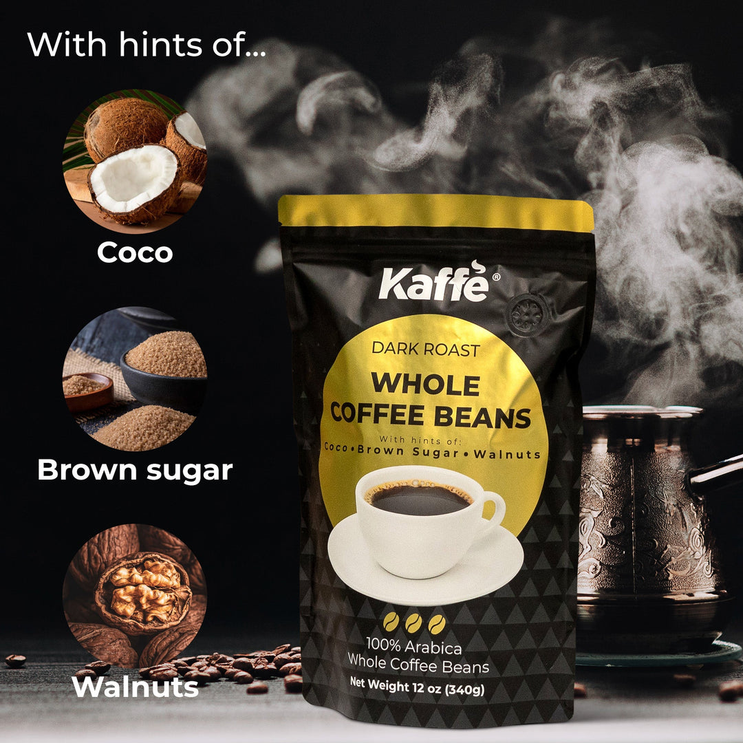 Dark roast whole coffee beans pouch with gold trim and coffee cup graphic