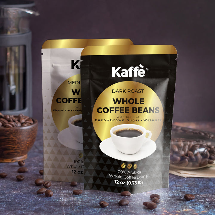 Two Kaffe dark roast whole coffee beans pouches with gold trim