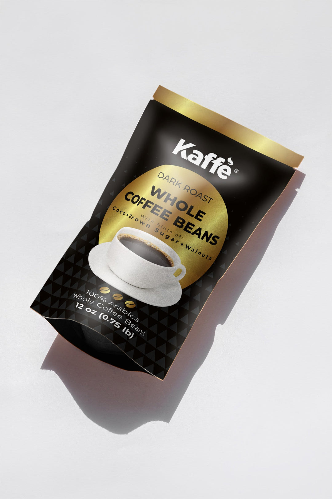 Angled Kaffe dark roast whole coffee beans pouch with cup and saucer graphic