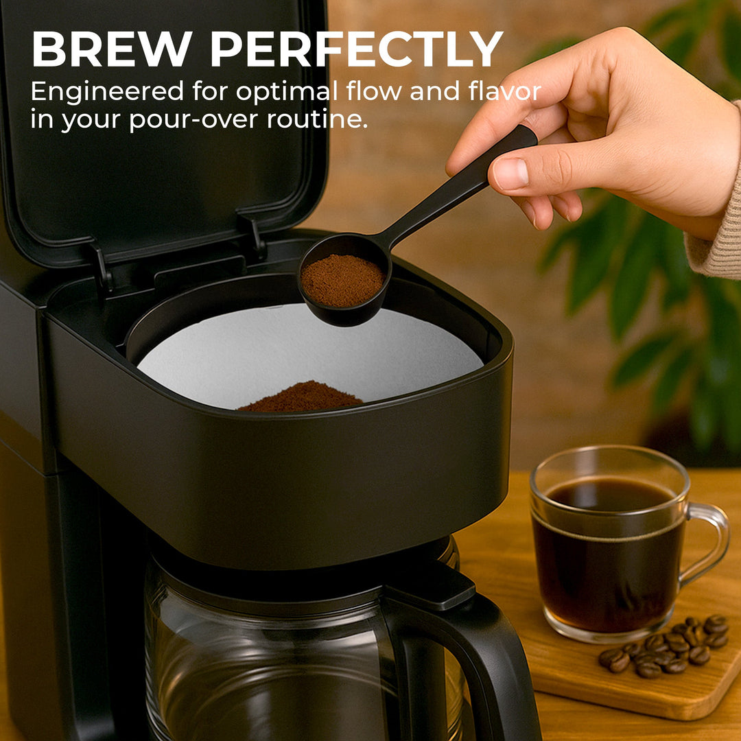 Pour-over brewer with coffee grounds in the filter area