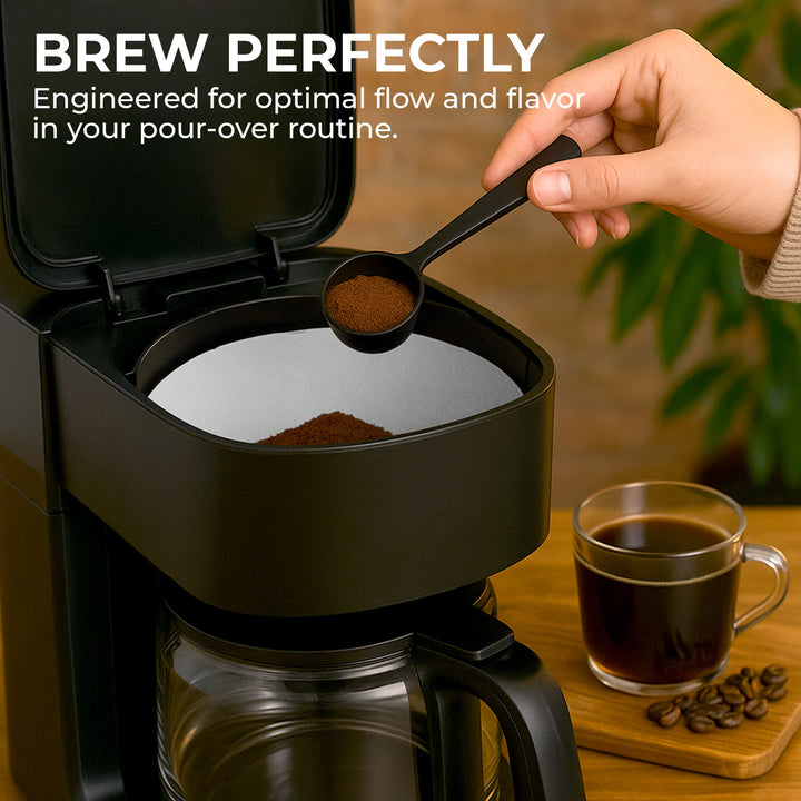 Pour-over brewer with coffee grounds in the filter area
