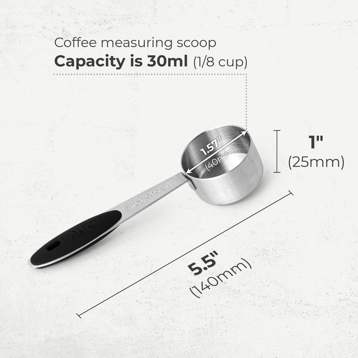 Stainless steel coffee measuring scoop with black handle, 30 ml capacity