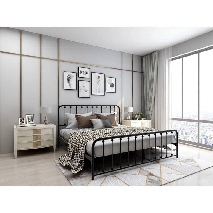 King Black Metal Platform Bed Frame with Rounded Corners Headboard Footboard