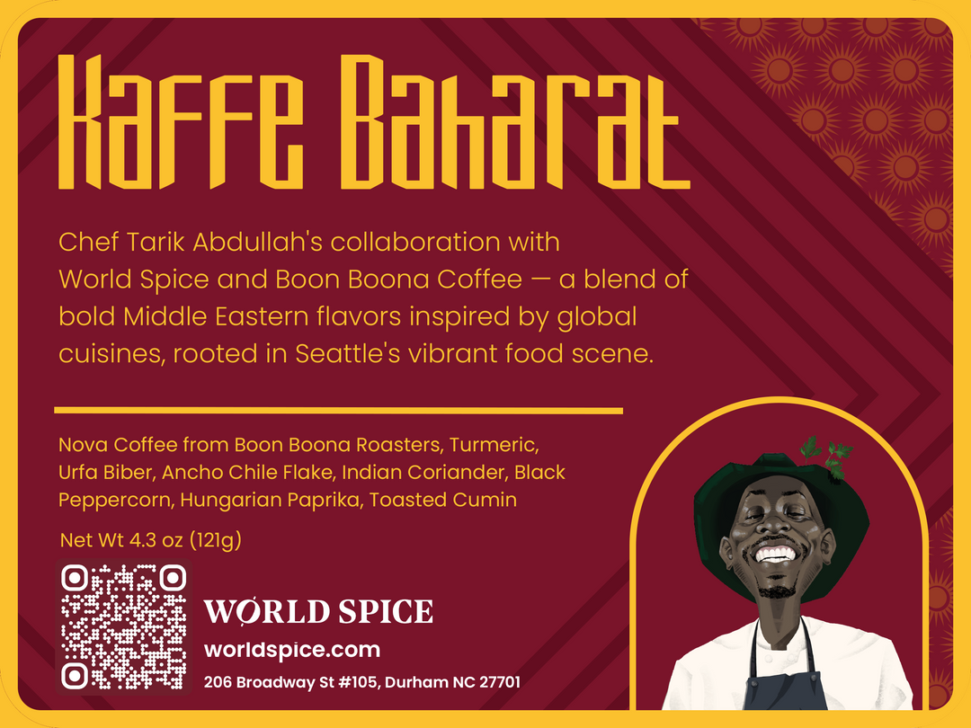 Coffee spice blend label on burgundy package with chef graphic and ingredient text.