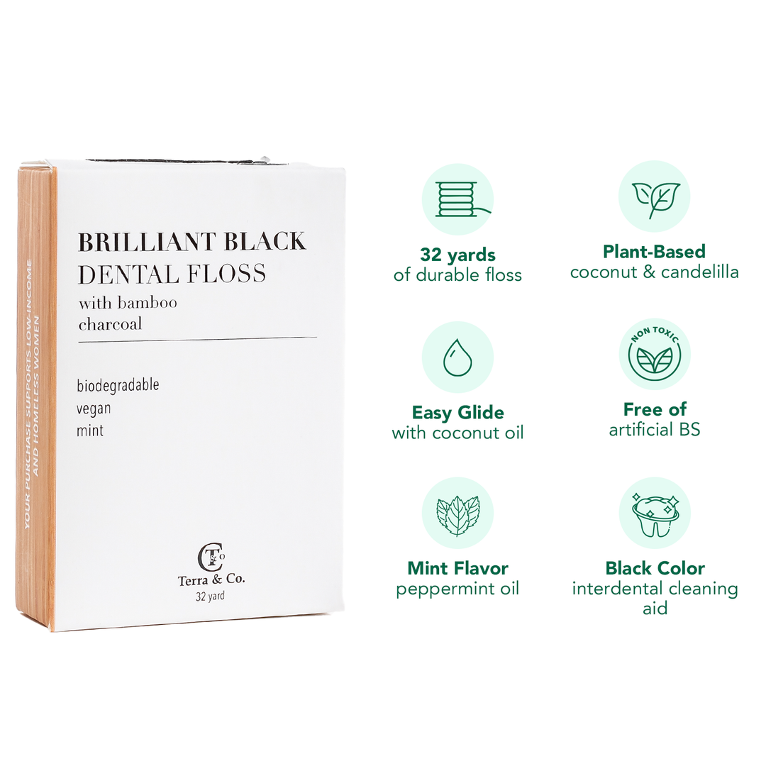 Brilliant Black® dental floss box with 32 yards, coconut oil easy glide, mint flavor
