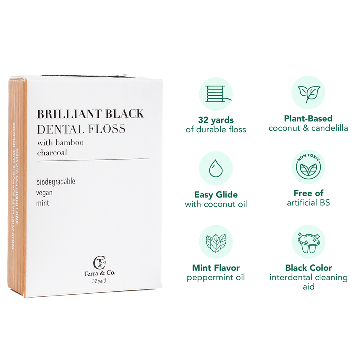 Brilliant Black® dental floss box with 32 yards, coconut oil easy glide, mint flavor
