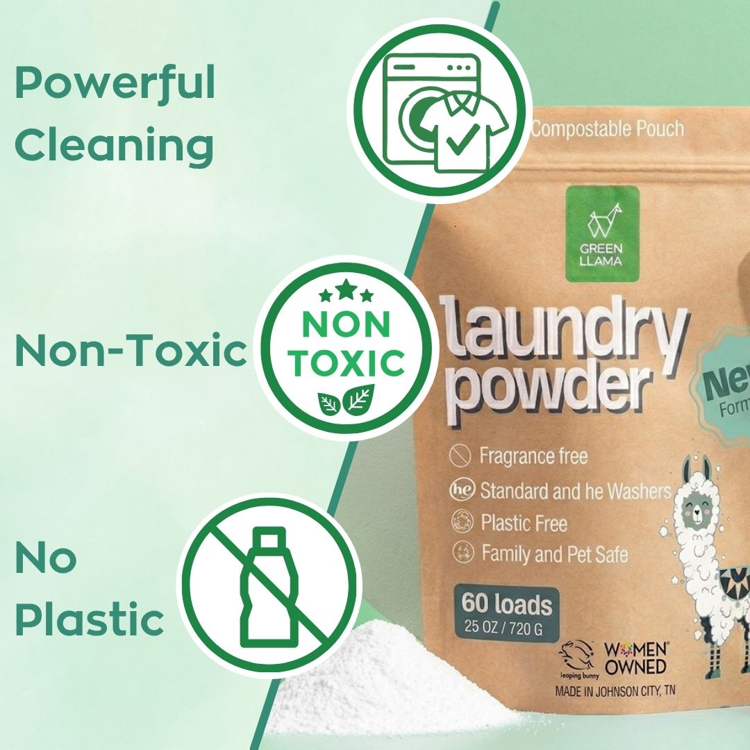 Laundry powder pouch with icons for powerful cleaning, non-toxic, and no plastic