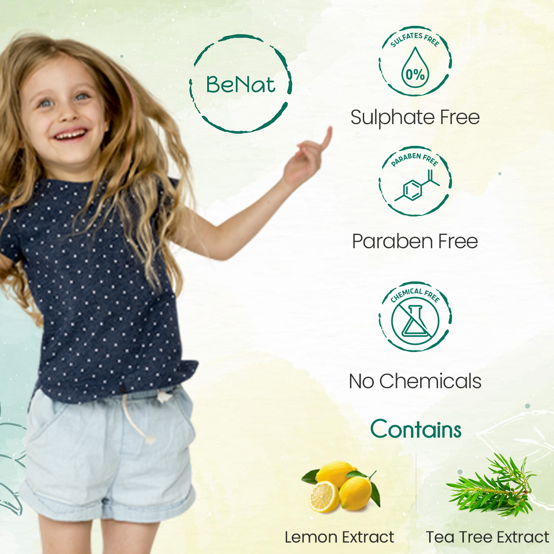 BeNat Kids natural deodorant benefits graphic with sulphate-free and paraben-free icons