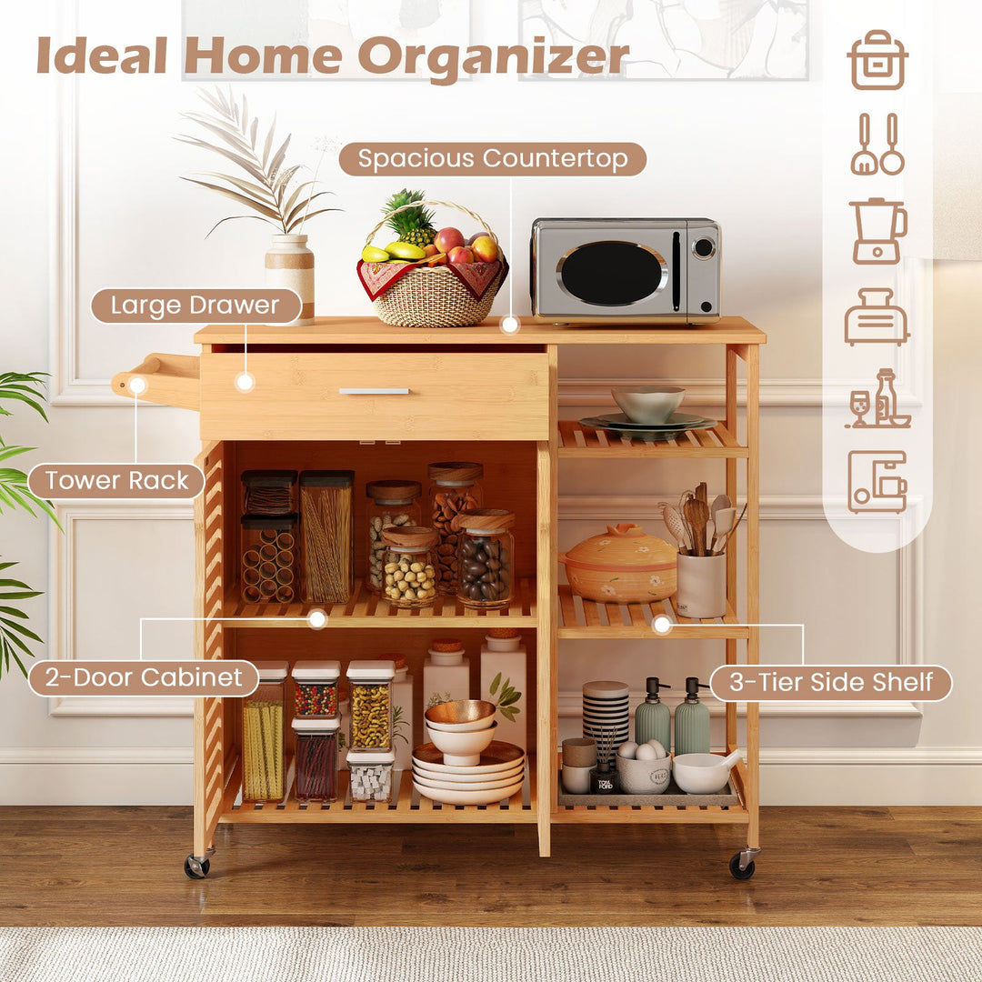 Kitchen Island Cart on Wheels with Sturdy Bamboo Frame-Natural