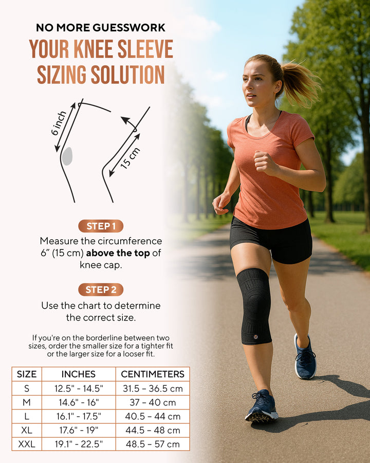 Black ribbed knee compression sleeve on runner with copper logo patch