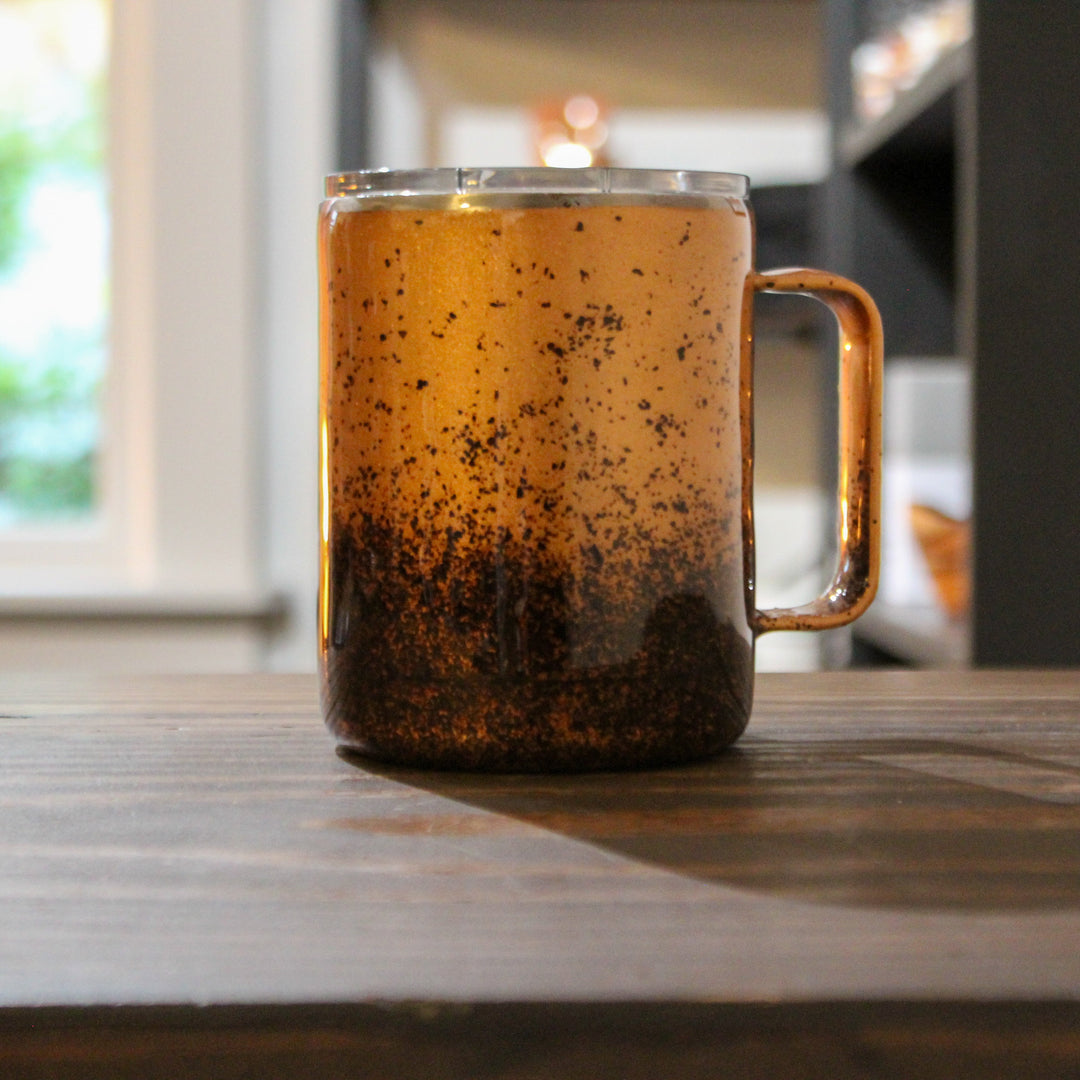 Copper-speckled epoxy coffee cup with handle, 10 oz