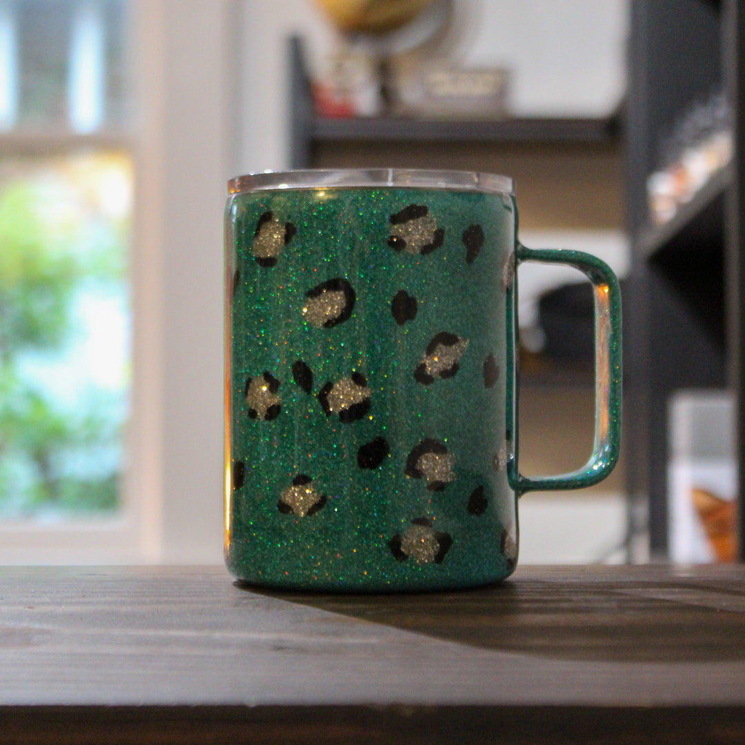 Teal leopard glitter coffee mug with handle