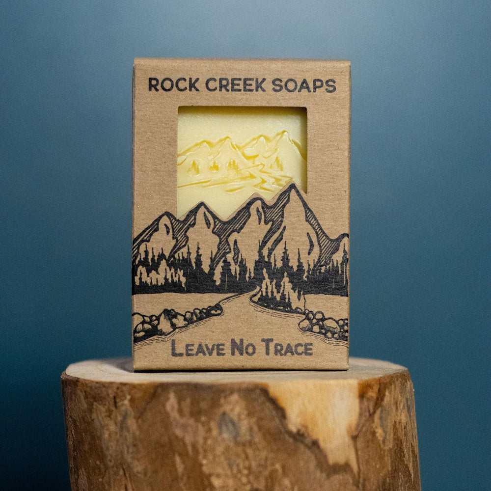 Unscented natural bar soap box, ROCK CREEK SOAPS, with mountain scene design