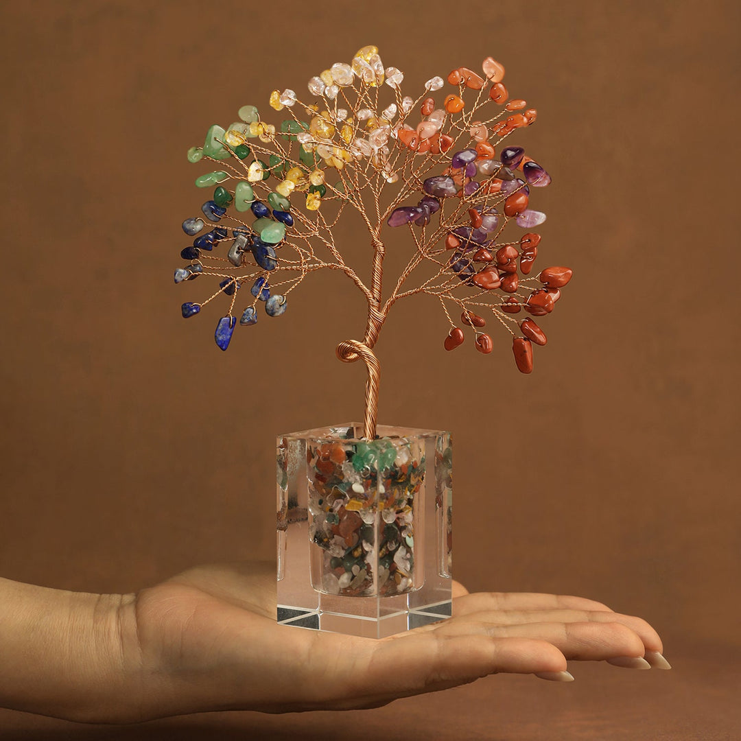 Gemstone crystal tree ornament with multicolor leaves and clear cube base