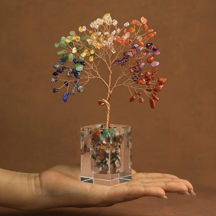 Gemstone crystal tree ornament with multicolor leaves and clear cube base