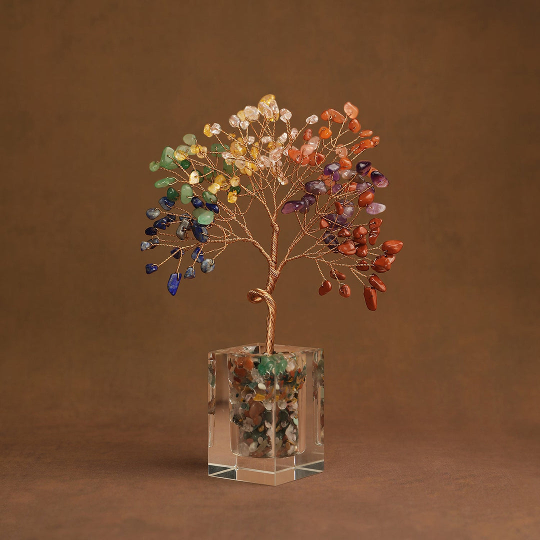 Gemstone crystal tree ornament with rainbow leaves and clear cube base