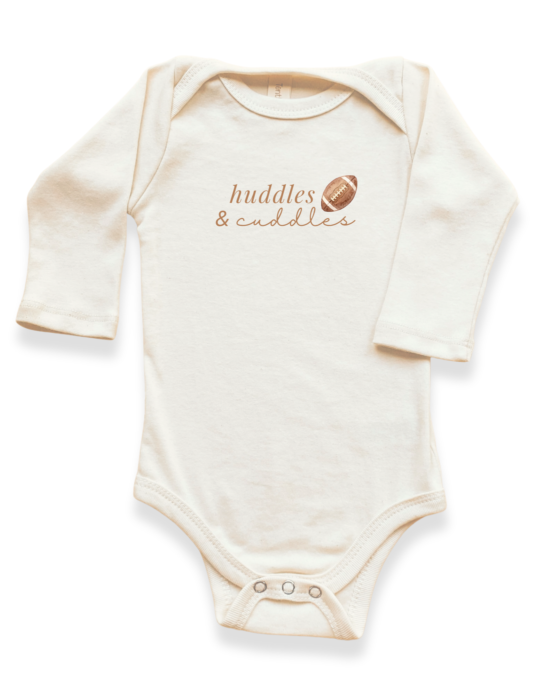 Organic long-sleeve baby bodysuit, cream, front snap closure, huddles &amp; cuddles print