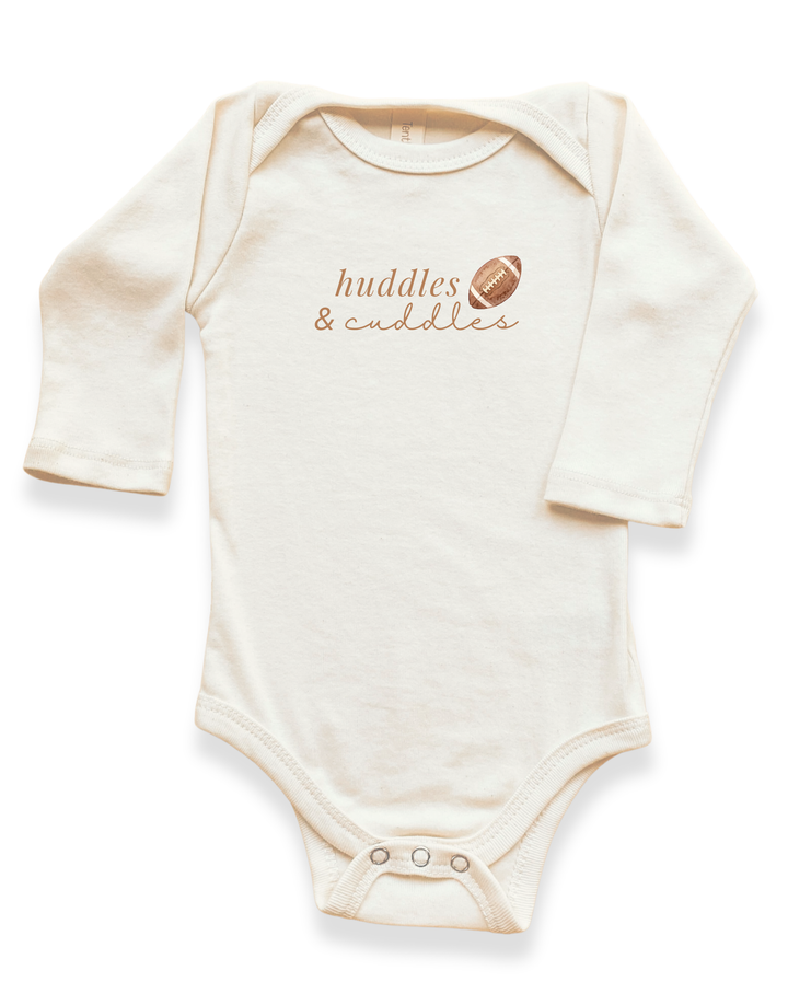 Organic long-sleeve baby bodysuit, cream, front snap closure, huddles &amp; cuddles print