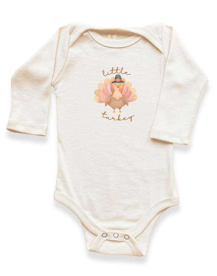 Cream long-sleeve organic bodysuit with little turkey graphic and snap closure