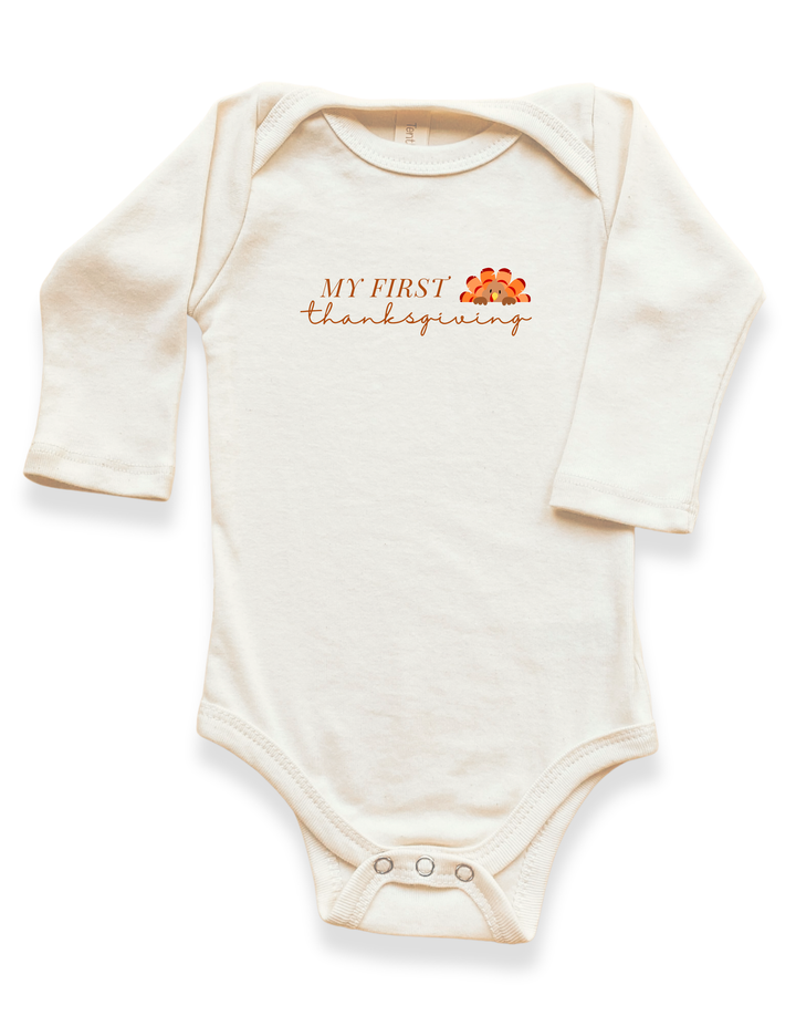 Cream long-sleeve organic baby bodysuit with Thanksgiving graphic and snap closure