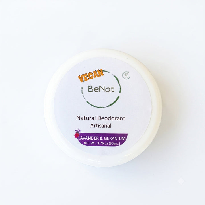 BeNat vegan deodorant cream tub, lavender & geranium label, natural deodorant.