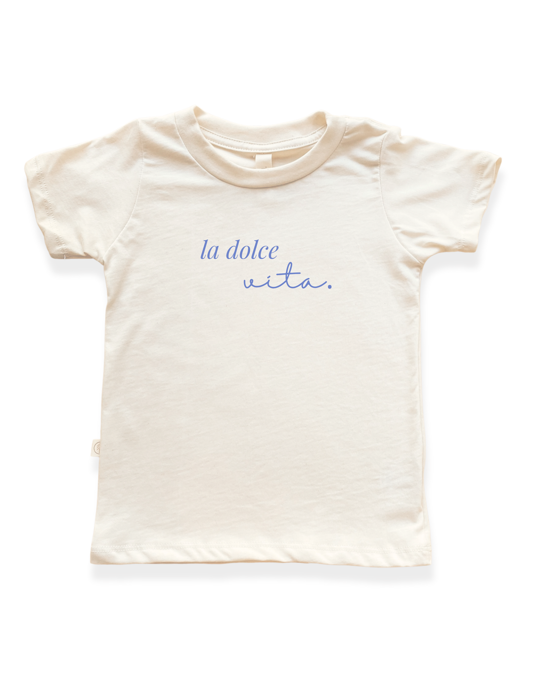 Kids organic cotton T-shirt, cream with "la dolce vita." front print